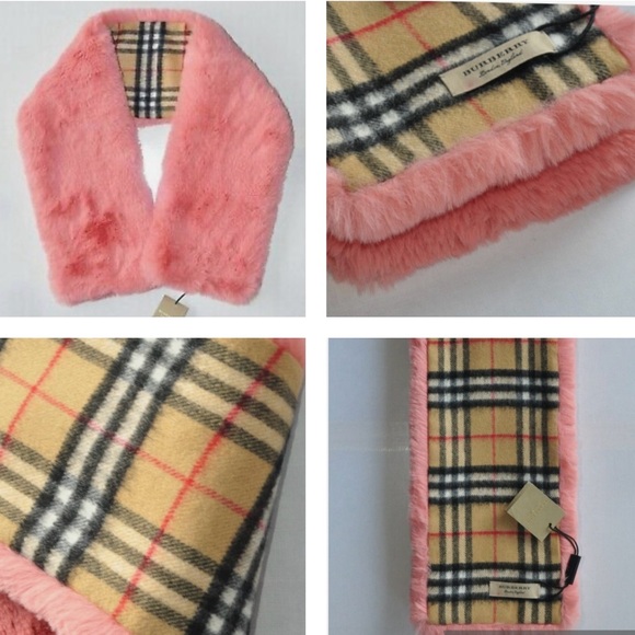 BURBERRY CHIC SCARF WITH THE VINTAGE CHECK IN CASHMERE AND PALE PINK FAUX FUR - Picture 5 of 16